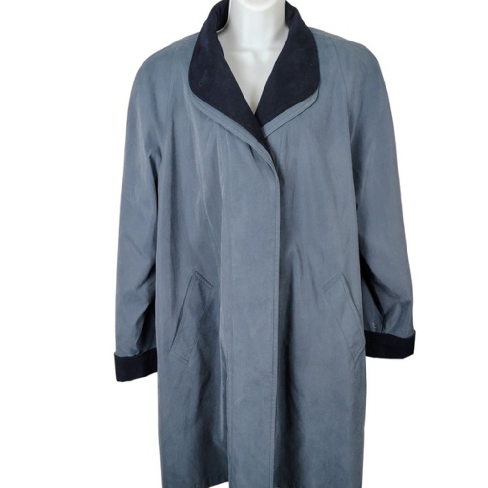 Gallery Womens L Slate Blue Gray Trench Coat Navy‎ Trim corporate 90s modest